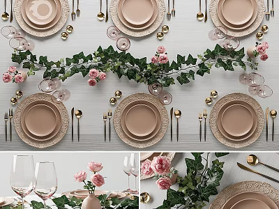 Elegant Dining Table Setup With Pink Roses Green Vines And Golden Tableware 3d model