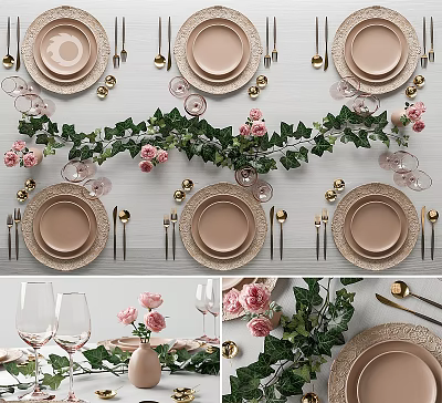 Elegant Dining Table Setup With Pink Roses Green Vines And Golden Tableware 3d model