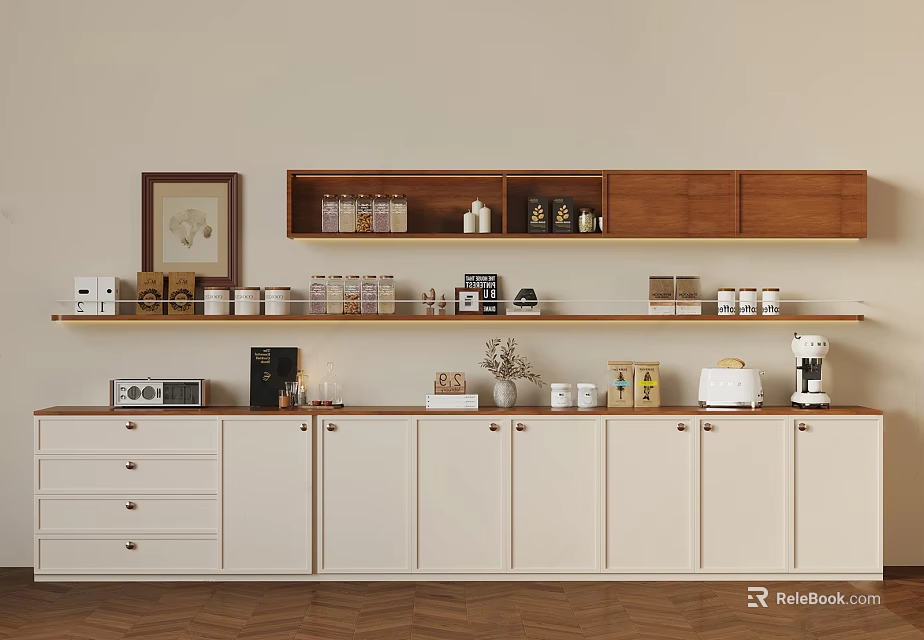 Contemporary Entryway Cabinet And Sideboard Featuring White Storage Doors Wooden Shelves And Decorative Items 3d model 