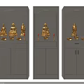 Illuminated Modern Buddhist Shrine Cabinet With Golden Buddha Statues Candles And Incense Burners