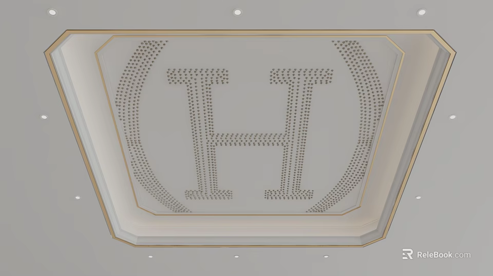 Elegant Ceiling Design With Intricate H Pattern Perforated Details And Gold Trim 3d model