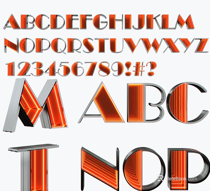 Stylish 3D Letter Shaped Decorative Lights In Orange And Silver For Home Decor 3d model 