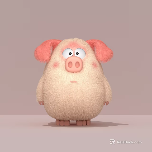 Cute Pink Cartoon Pig With Fluffy Body And Pink Ears On Light Gray Background 3d model 