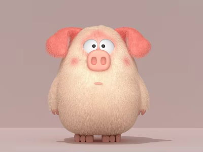 Cute Pink Cartoon Pig With Fluffy Body And Pink Ears On Light Gray Background 3d model