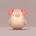 Cute Pink Cartoon Pig With Fluffy Body And Pink Ears On Light Gray Background