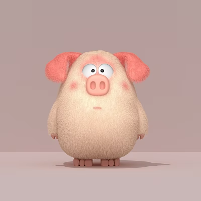 Cute Pink Cartoon Pig With Fluffy Body And Pink Ears On Light Gray Background 3d model