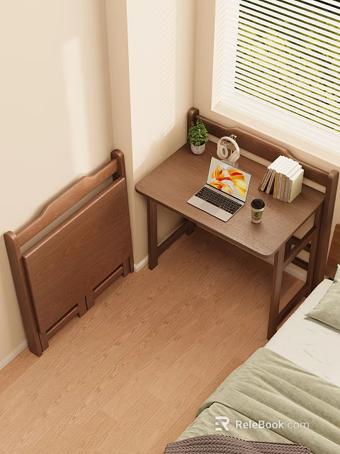 Cozy Indoor Wooden Desk and Chair Set with Laptop Books and Potted Plant 3d model 