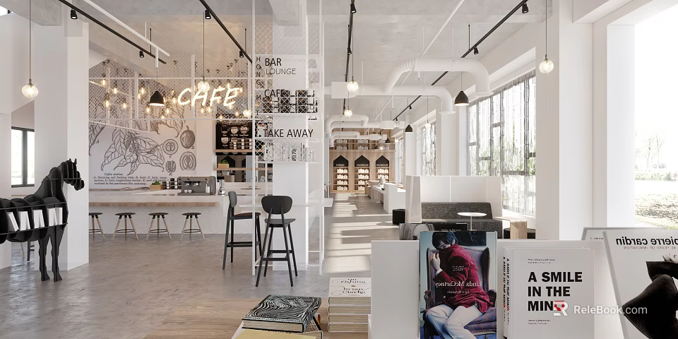 Modern Cafe With Take Away Service Open Interior Wall Art Bar Counter And Natural Light 3d model 