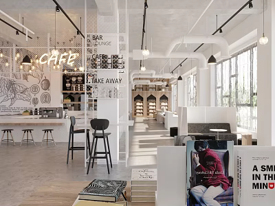Modern Cafe With Take Away Service Open Interior Wall Art Bar Counter And Natural Light 3d model