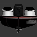 Modern Recreational Fishing Boat with Black Seats Outboard Motor and Red Striped Deck