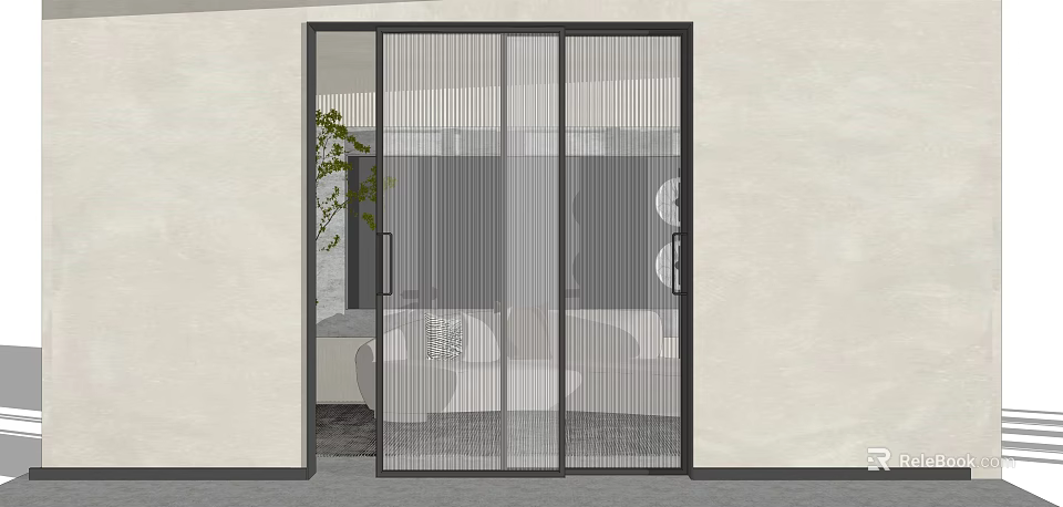 Modern Glass Sliding Doors in Living Room with Green Plant and Sofa Interior 3d model 