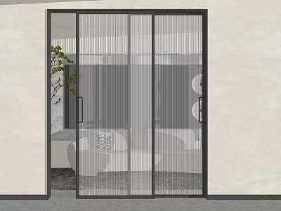 Modern Glass Sliding Doors in Living Room with Green Plant and Sofa Interior 3d model