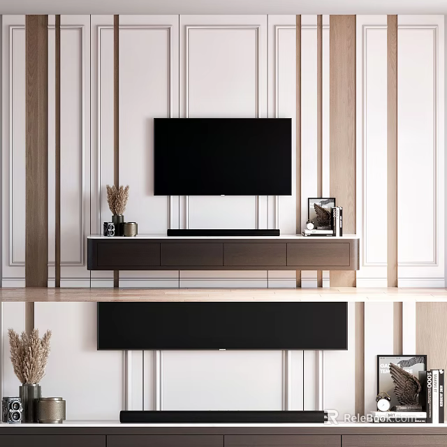 Modern TV Background Wall With Vertical Wooden Strips White Paneling Dark TV Stand Decorative Items 3d model 