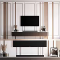 Modern TV Background Wall With Vertical Wooden Strips White Paneling Dark TV Stand Decorative Items