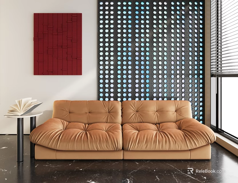 Brown Leather Two Seater Sofa Modern Interior with Polka Dot Wall Red Artwork Marble Floor 3d model 