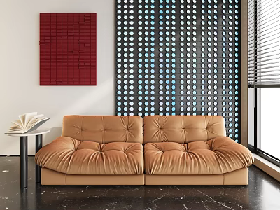 Brown Leather Two Seater Sofa Modern Interior with Polka Dot Wall Red Artwork Marble Floor 3d model