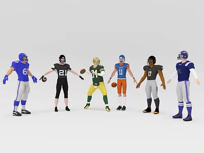 Group of American Football Players in Colorful Jerseys with Numbers and Poses 3d model