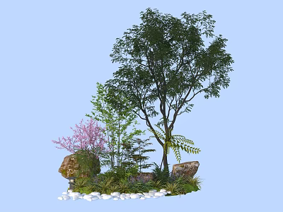 Diverse Plant Combination with Tall Tree Pink Flowering Shrub Low Greenery Stones and White Pebbles 3d model