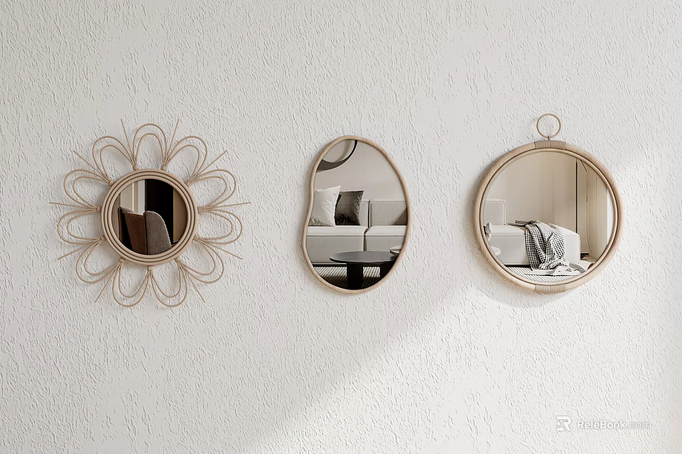 Decorative Mirrors with Various Shapes Hanging on Light Textured White Wall 3d model 
