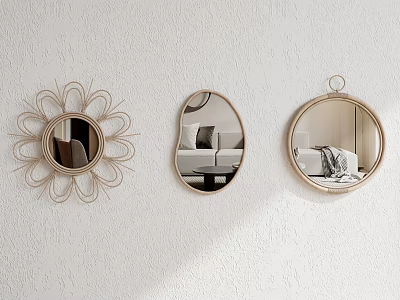 Decorative Mirrors with Various Shapes Hanging on Light Textured White Wall 3d model