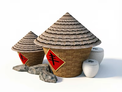 Traditional Agricultural Storage Containers With Thatched Roofs Red Feng Symbols Stones And White Balls 3d model