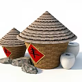 Traditional Agricultural Storage Containers With Thatched Roofs Red Feng Symbols Stones And White Balls