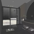 Modern Bathroom Interior With Glass Shower Enclosure Toilet Vanity Mirror And Window Blinds