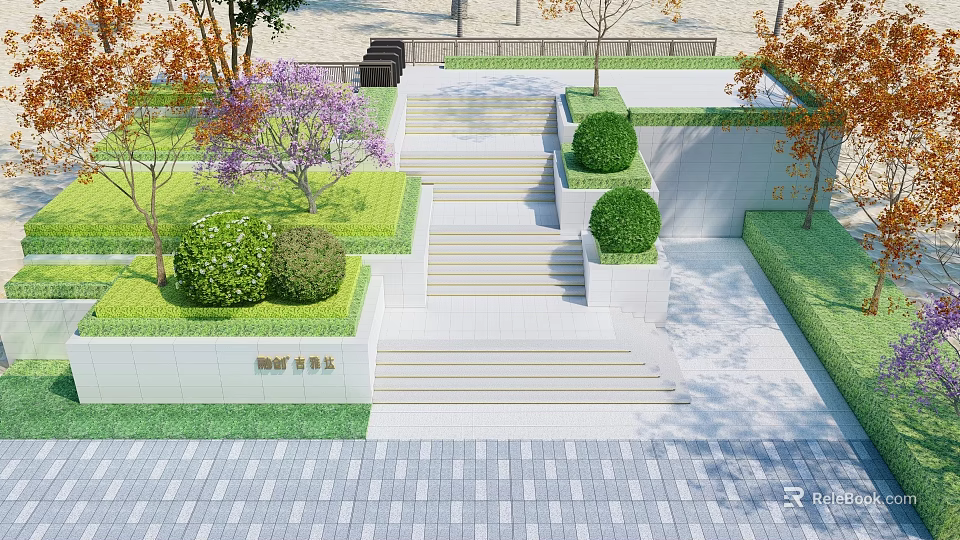 Modern Outdoor Stairs With Green Plants Trimmed Bushes And Garden Pathway 3d model 