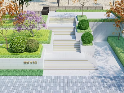 Modern Outdoor Stairs With Green Plants Trimmed Bushes And Garden Pathway 3d model