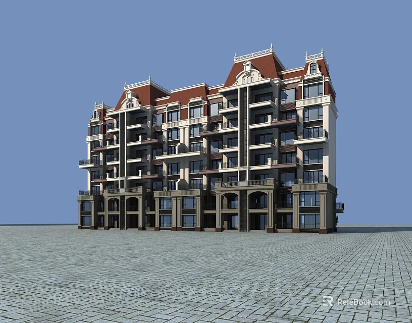 Classical Design Residential Building With Red Roof White Walls Balconies And Arched Entrances 3d model 