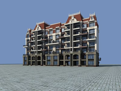 Classical Design Residential Building With Red Roof White Walls Balconies And Arched Entrances 3d model