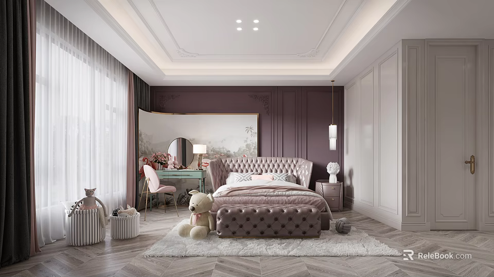 Luxurious Modern Bedroom Interior With Pink Tufted Bed Dresser And Plush Toys 3d model 