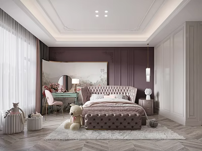 Luxurious Modern Bedroom Interior With Pink Tufted Bed Dresser And Plush Toys 3d model