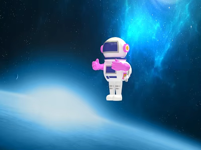 Smart Robot With White Body And Pink Arms Standing Against Space Galaxy Background 3d model