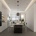 Modern Dining Area With Open Kitchen White Cabinets And Pendant Lights 3d model