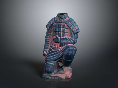 Kneeling Terracotta Warrior Sculpture With Intricate Armor And Blue Red Details 3d model