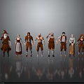 Multiple Red Colored Characters In Various Costumes Standing In A Row With Reflections