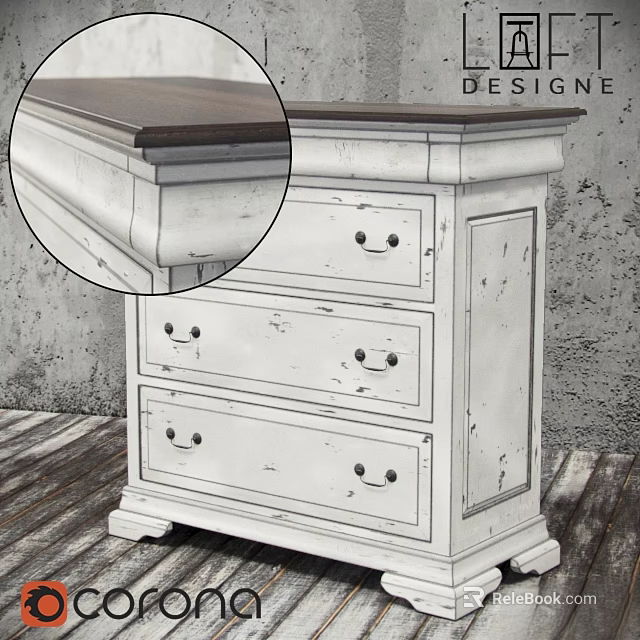 Vintage White Rustic Dresser With Dark Wood Top And Distressed Drawers 3d model 