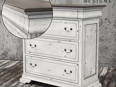 Vintage White Rustic Dresser With Dark Wood Top And Distressed Drawers 3d model