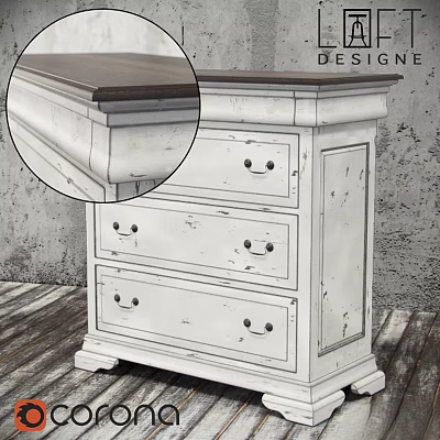 Vintage White Rustic Dresser With Dark Wood Top And Distressed Drawers 3d model