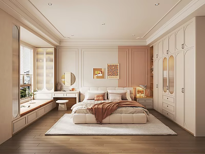 Cozy Modern Bedroom Interior With Soft Bed Throw Blanket Large Wardrobe And Dressing Table 3d model
