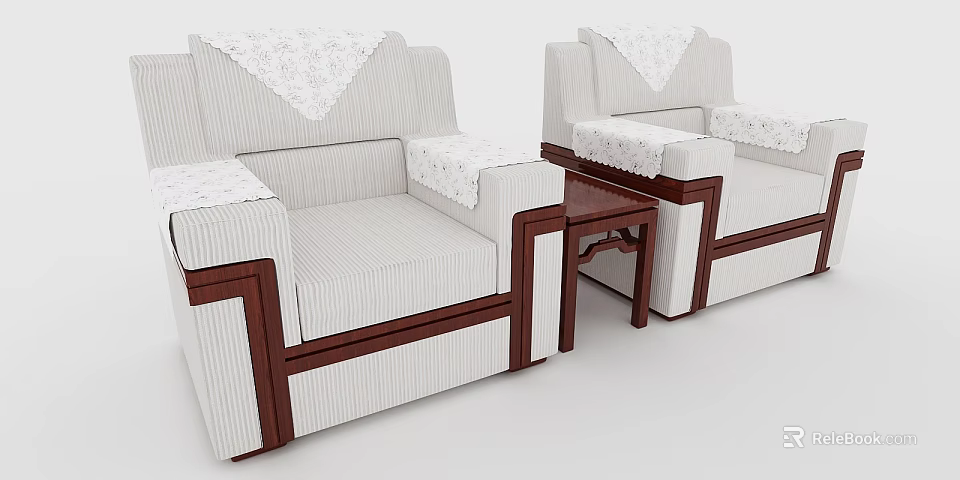 Casual Sofa Set With Striped Fabric Wooden Armrests Decorative Cloth And Side Table 3d model 