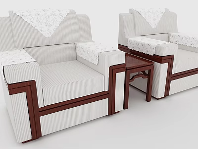 Casual Sofa Set With Striped Fabric Wooden Armrests Decorative Cloth And Side Table 3d model