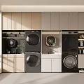 Modern Laundry Room Featuring Stacked Washer Dryer Cabinets And Potted Plants