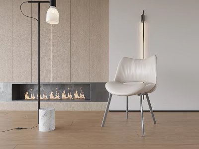 White Single Chair In Modern Living Room With Fireplace Flames And Floor Lamp 3d model