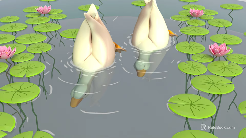 Vibrant Pink Lotus Flowers And Green Lily Pads Floating On Calm Water 3d model 