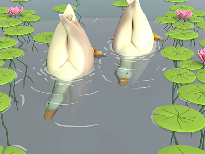 Vibrant Pink Lotus Flowers And Green Lily Pads Floating On Calm Water 3d model