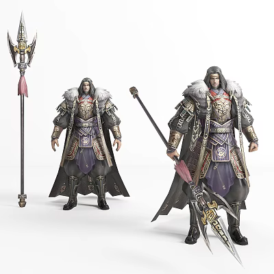 Warrior In Fur Trimmed Armor Wielding Spear With Mythical Beast Creature 3d model