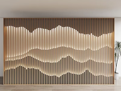 Modern Wooden Background Wall With Wavy Slatted Design And Illuminated Lighting 3d model