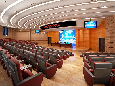 Modern Conference Room Interior With Rows of Red Gray Seats Wooden Walls and Hanging Screens 3d model